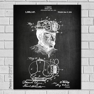 May include: Black and white patent drawing of a miner's lamp. The drawing shows a man wearing a helmet with a lamp attached to it. The patent number 1,065,147 and date June 17, 1913 are visible. The text "Samuel Tayne" and "Karl H. Butter" are also visible.