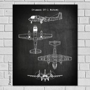 May include: A black and white line drawing of a Grumman OV-1 Mohawk aircraft. The drawing shows the aircraft from different angles, including a top view, a side view, and a front view. The drawing is on a black background. The text "Grumman OV-1 Mohawk" is at the top of the drawing. The text "Patent Print" is on the left side of the drawing.