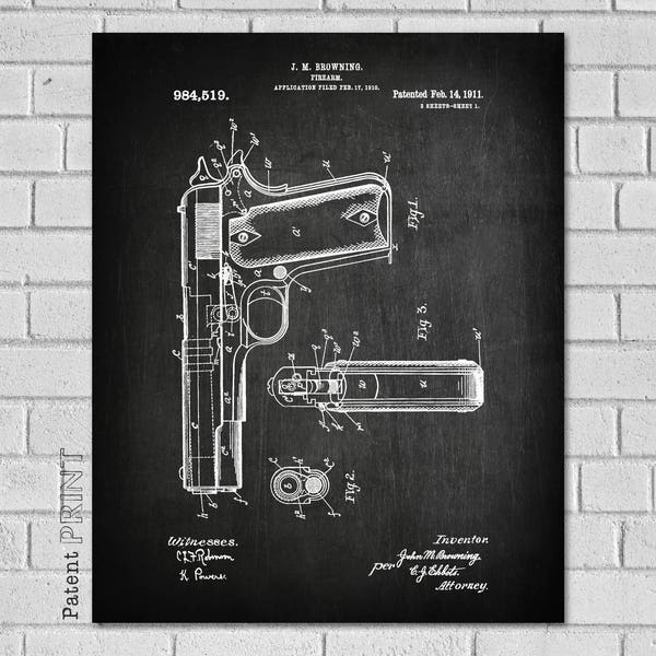 1911 Firearm Patent Print - Gun Art - Firearm Decor - Gun Patent - Pistol Poster - Gun Blueprint - Police Gun - Patent Art G519