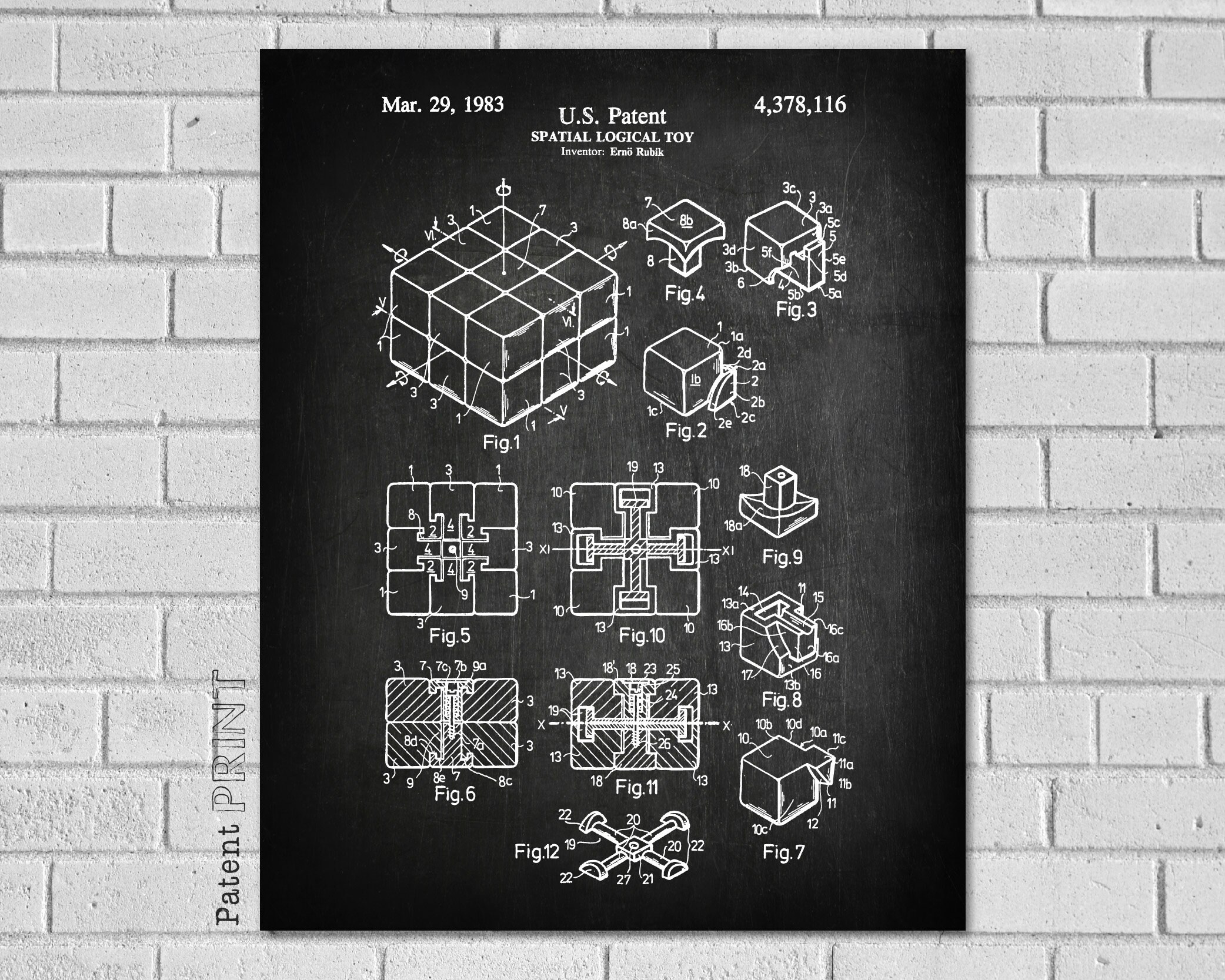 Rubik's Cube - Spatial Logical Toy Game Room Art Rubik Blueprint Decor Patent Print Eg116