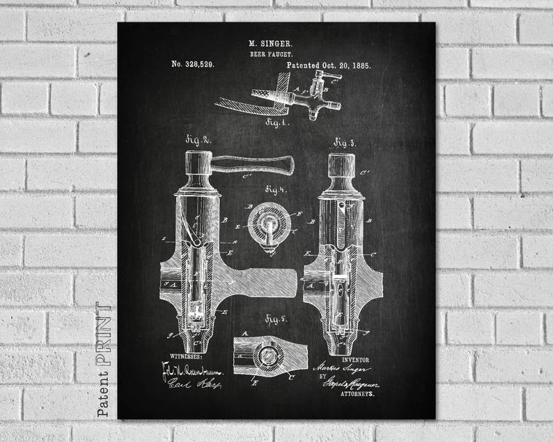 May include: Black and white vintage patent drawing of a beer faucet design. The drawing shows a side view of the faucet with detailed internal components. The patent number is 328,529 and the patent date is October 20, 1885. The inventor is listed as M. Singer.