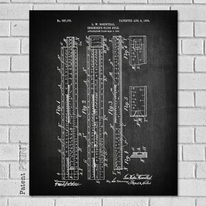 May include: Black and white patent drawing of an engineer's slide rule. The drawing shows the different parts of the slide rule and includes the patent number 707,170 and the date August 8, 1904.