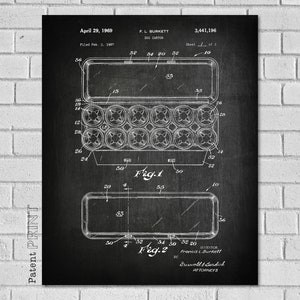May include: Black and white patent drawing of an egg carton. The drawing shows the top and bottom views of the carton. The patent number is 3,441,196. The patent was filed on February 3, 1947 and issued on April 29, 1969. The inventor is Francis L. Burkatt. The patent is for an egg carton with a lid. The carton has a series of compartments for holding eggs. The lid has a series of holes that allow the eggs to be seen. The patent drawing includes the text 