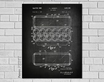 Puede incluir: Dibujo de patente en blanco y negro de un diseño de caja de huevos. El dibujo muestra una vista superior y una vista lateral de la caja. El número de patente es 3.441.196 y la fecha es el 29 de abril de 1969.