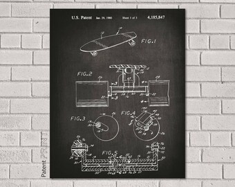 May include: Black and white line drawing of a skateboard and other mechanical devices. The drawing is labeled with the text "U.S. Patent Jan. 29, 1980 Sheet 1 of 3 4,185,847" and includes the figure labels "FIG. 1", "FIG. 2", "FIG. 3", "FIG. 4", and "FIG. 5".