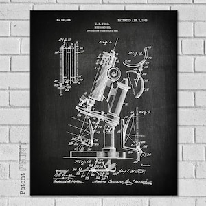 May include: Black and white vintage patent drawing of a microscope. The drawing shows the microscope in detail, with all of its parts labeled. The patent number, date, and inventor's name are also included. The drawing is on a dark background.