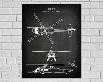 May include: A black and white print of the HH-60 Sikorsky Pave Hawk helicopter. The print shows three different views of the helicopter: top, front, and side. The text "Patent Print" is on the left side of the image.