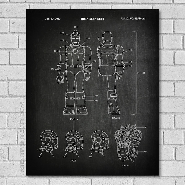 Traje de Iron Man - Impresión de patente de Iron Man - Arte de pared de superhéroes- Decoración de superhéroes - Decoración de películas de Iron Man - Arte cinematográfico - Ironman - Póster EF530