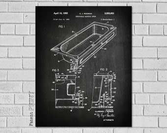 May include: Black and white patent drawing of a detachable bathtub apron. The drawing shows the apron from three different angles. The patent number is 3,028,603 and was filed on July 14, 1960. The patent was granted on April 10, 1962. The inventor is Clarence J. Rodman.