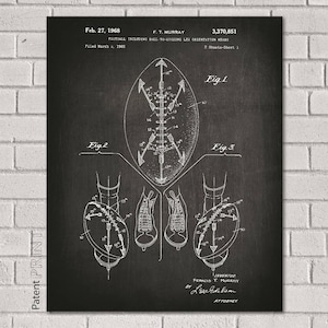 May include: Black and white vintage patent drawing of a football design. The drawing shows a football with a unique design for the laces. The patent number is 3,370,851 and the patent date is February 27, 1968.