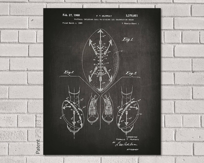 May include: Black and white vintage patent drawing of a football design. The drawing shows a football with a unique design for the laces. The patent number is 3,370,851 and the patent date is February 27, 1968.