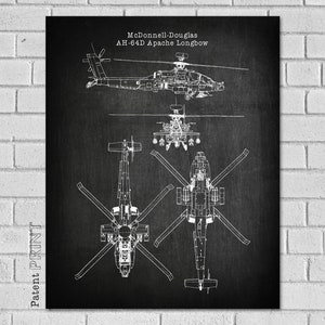 May include: Black and white line drawing of a McDonnell Douglas AH-64D Apache Longbow helicopter. The drawing shows the helicopter from the side, top, and bottom views. The text "McDonnell Douglas AH-64D Apache Longbow" is at the top of the drawing.
