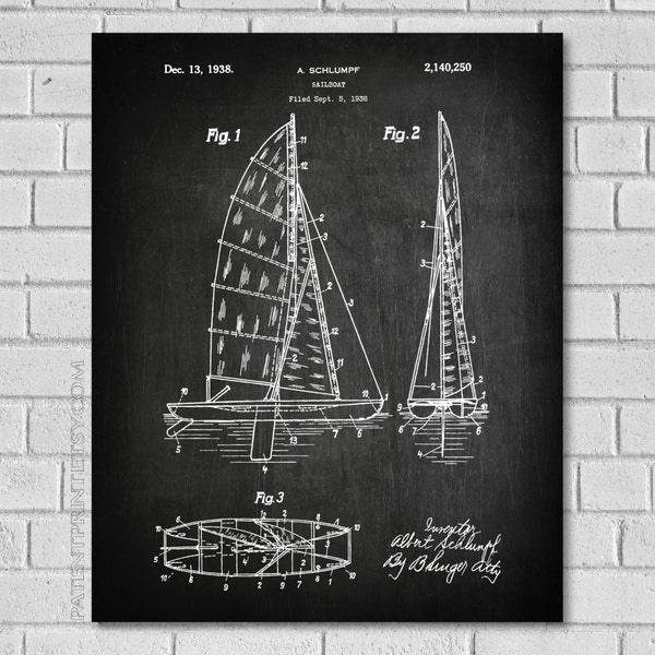 Sailing Boat Patent Print - Schlumpf Sailboat - Sailboat Patent - Boat Art - Sailing Ship - Sail Boat Print - Sail Boat Art - Patent VB250