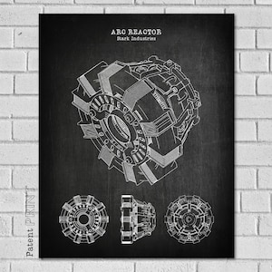 May include: Black and white illustration of the Arc Reactor from the Iron Man movies. The image is a technical drawing of the reactor, with the text "ARC REACTOR" and "Stark Industries" at the top. The image is on a black background.