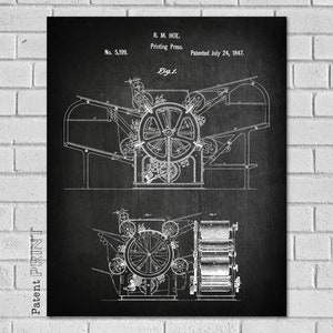 May include: Black and white patent drawing of a printing press. The drawing shows the machine's internal workings, including gears, rollers, and a large central wheel. The text on the drawing reads "R. M. HOE. Printing Press. No. 5,199. Patented July 24, 1847. Fig. 1."