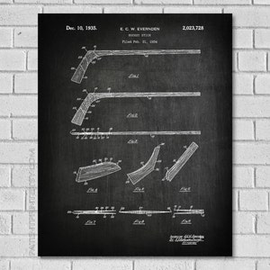 May include: Black and white vintage patent drawing of a hockey stick design. The drawing shows different angles of the stick and includes the patent number 2,023,728, the inventor's name E.C.W. Evernden, and the date December 10, 1935.