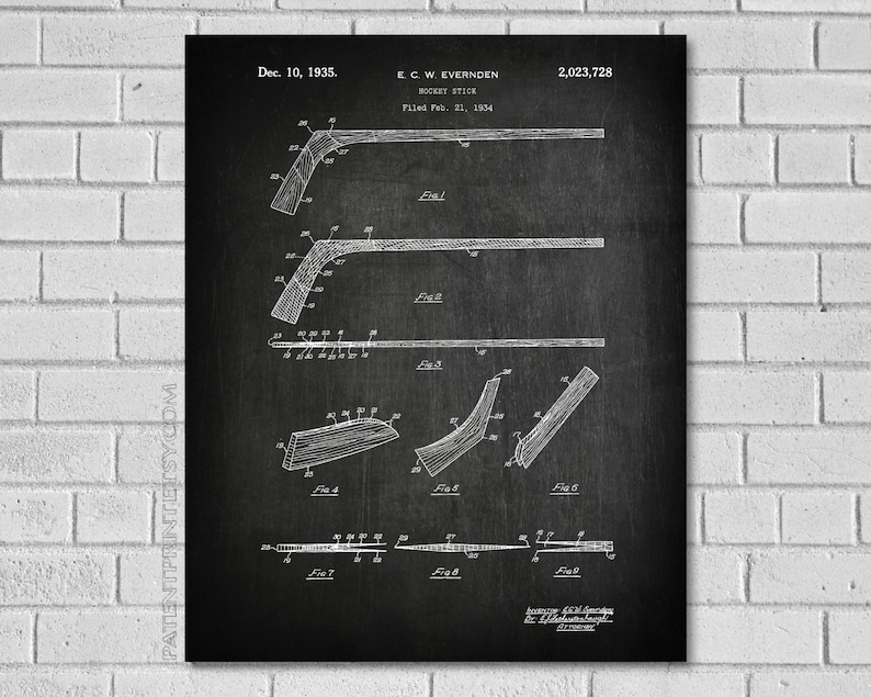 May include: Black and white vintage patent drawing of a hockey stick design. The drawing shows different angles of the stick and includes the patent number 2,023,728, the inventor's name E.C.W. Evernden, and the date December 10, 1935.