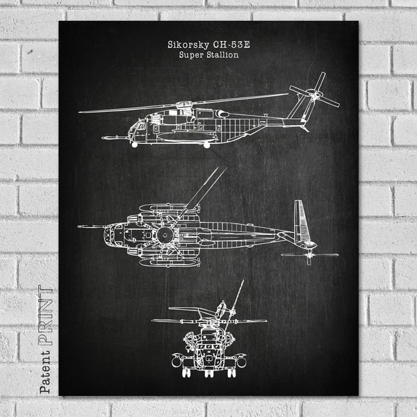 Sikorsky CH-53E Super Stallion Helicopter Diagram Blueprint - CH-53E Marine Corps Helicopter Decor - Helicopter Art - Helicopter Print CH53E