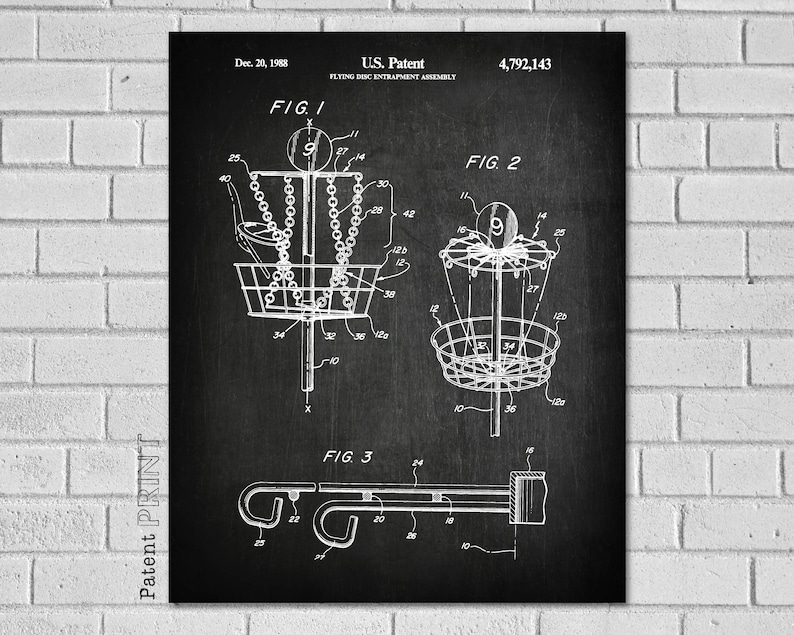 May include: Black and white illustration of a disc golf basket patent drawing. The patent number is 4,792,143 and the date is December 20, 1988. The patent is for a "Flying Disc Intrapment Assembly".