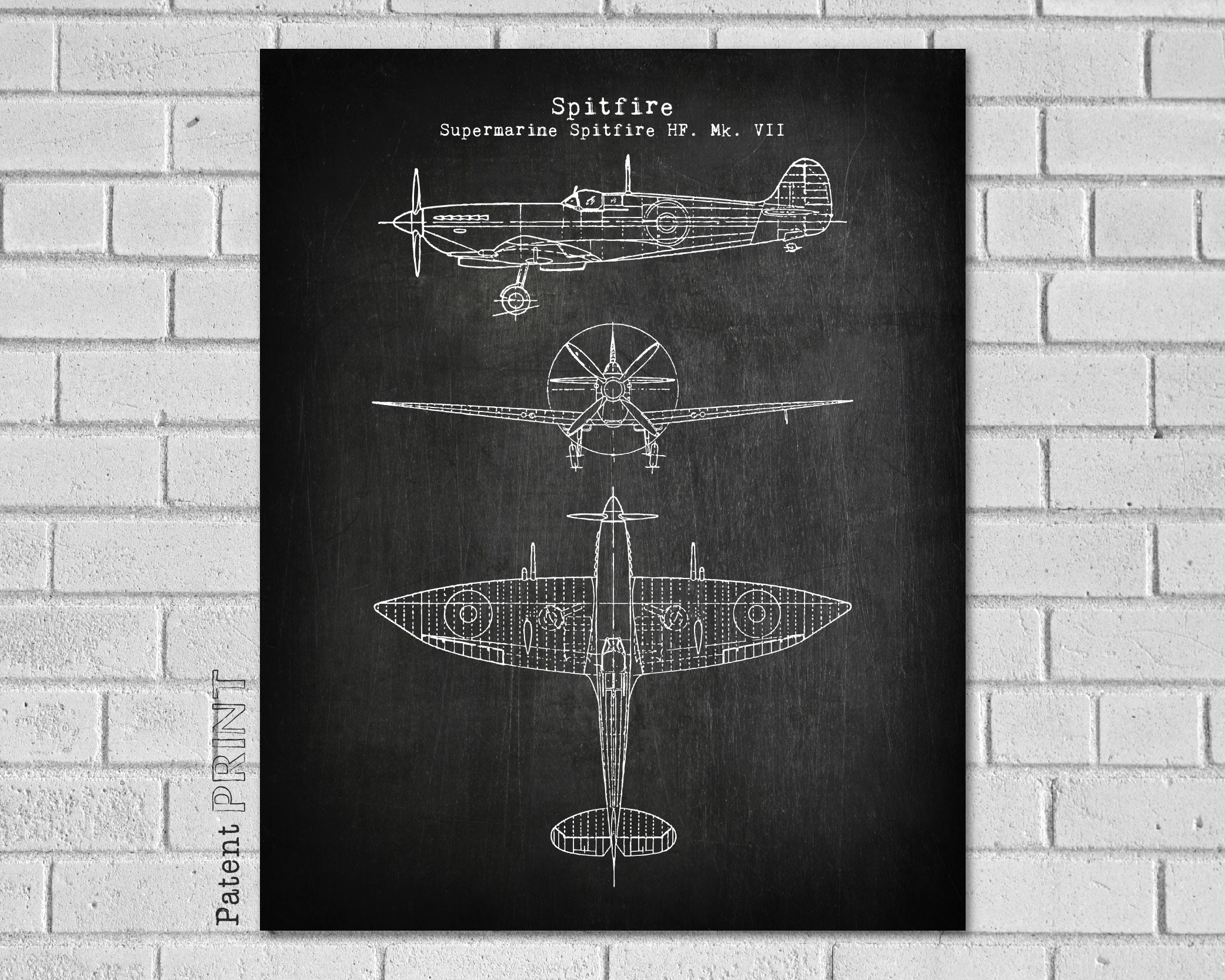Spitfire Airplane Decor - Supermarine Hf. Mk. Vii Aircraft Plane Art Blueprint