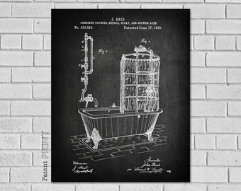 May include: Black and white illustration of a patent for a combined plunger, needle, spray, and shower bath. The patent is numbered 430,253 and was patented on June 17, 1890. The illustration shows a bathtub with a shower head above it.