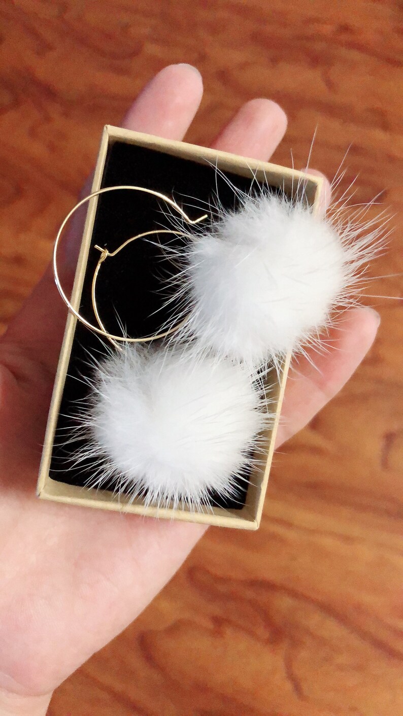 White Puff Balls Earrings Pom Poms real mink fur Women Etsy