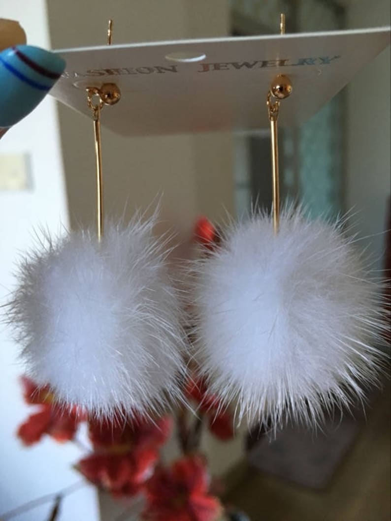 Puffs Ball Earrings White Pom Poms Real Mink Fur Women Fashion Etsy