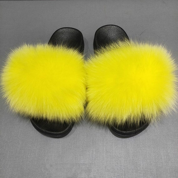 Yellow Real Fur Slides Bright Yellow Pompoms Fox Furry Fuzzy | Etsy