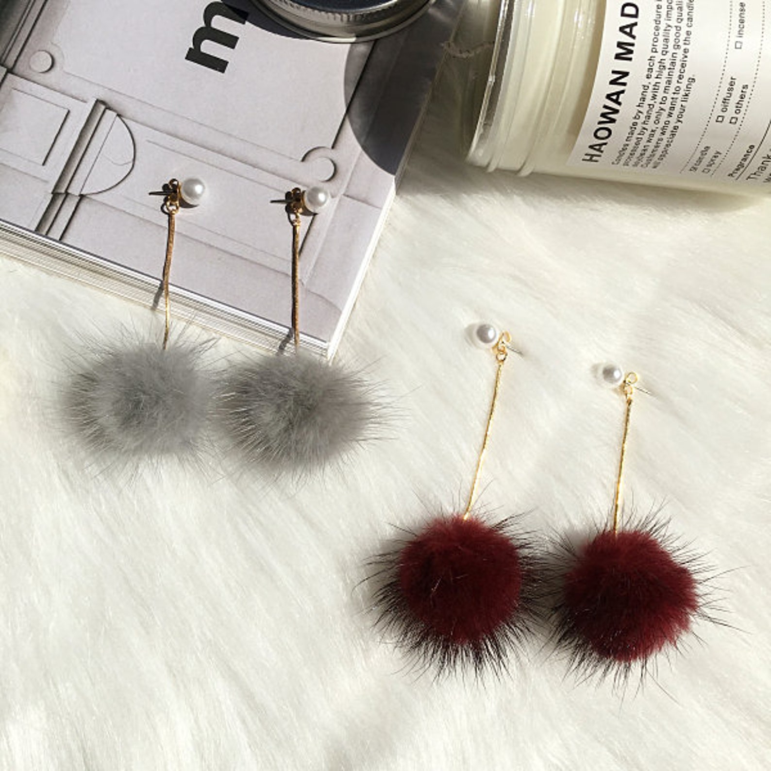 Cyber Sale Puffs Fur Ball Earrings Pom Poms real mink fur Etsy