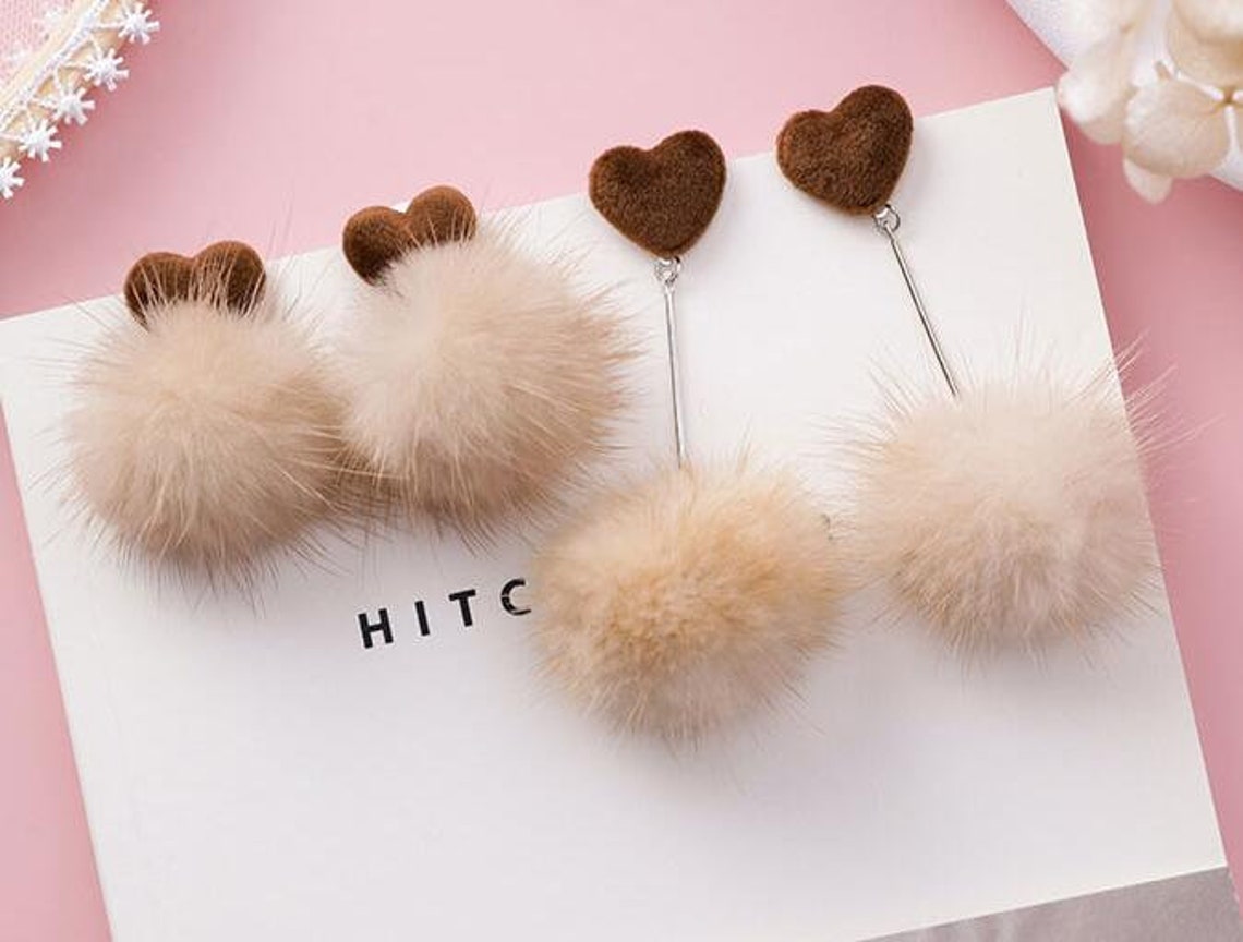 Beige Real Fur Ball Pom Poms Earring Studs and Long Earrings Etsy