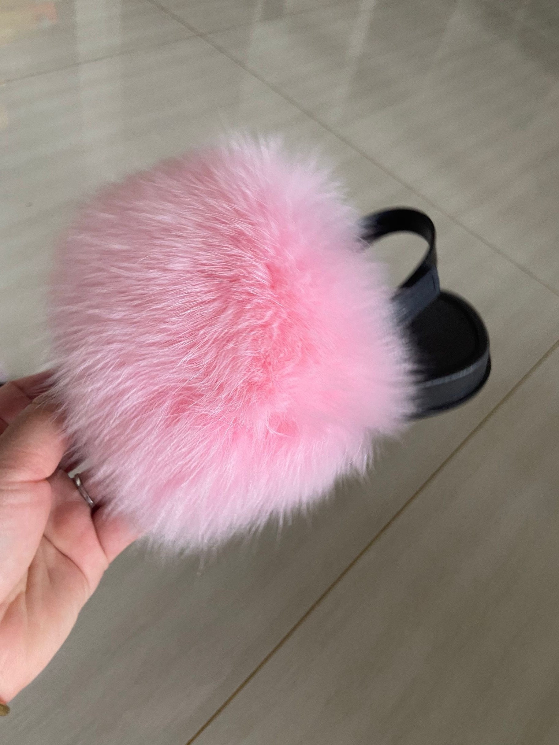  Getalty Kids Real Fox Fur Slipers Outdoor Slides Slip On Sandals  Pink Color Shoes (Kid US Size 1)