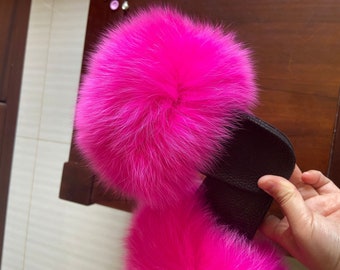 Girls Fur Slipper Fuchsia/Hot Pink Pom Poms Slides Custom Fuzzy Sandals for girls/women