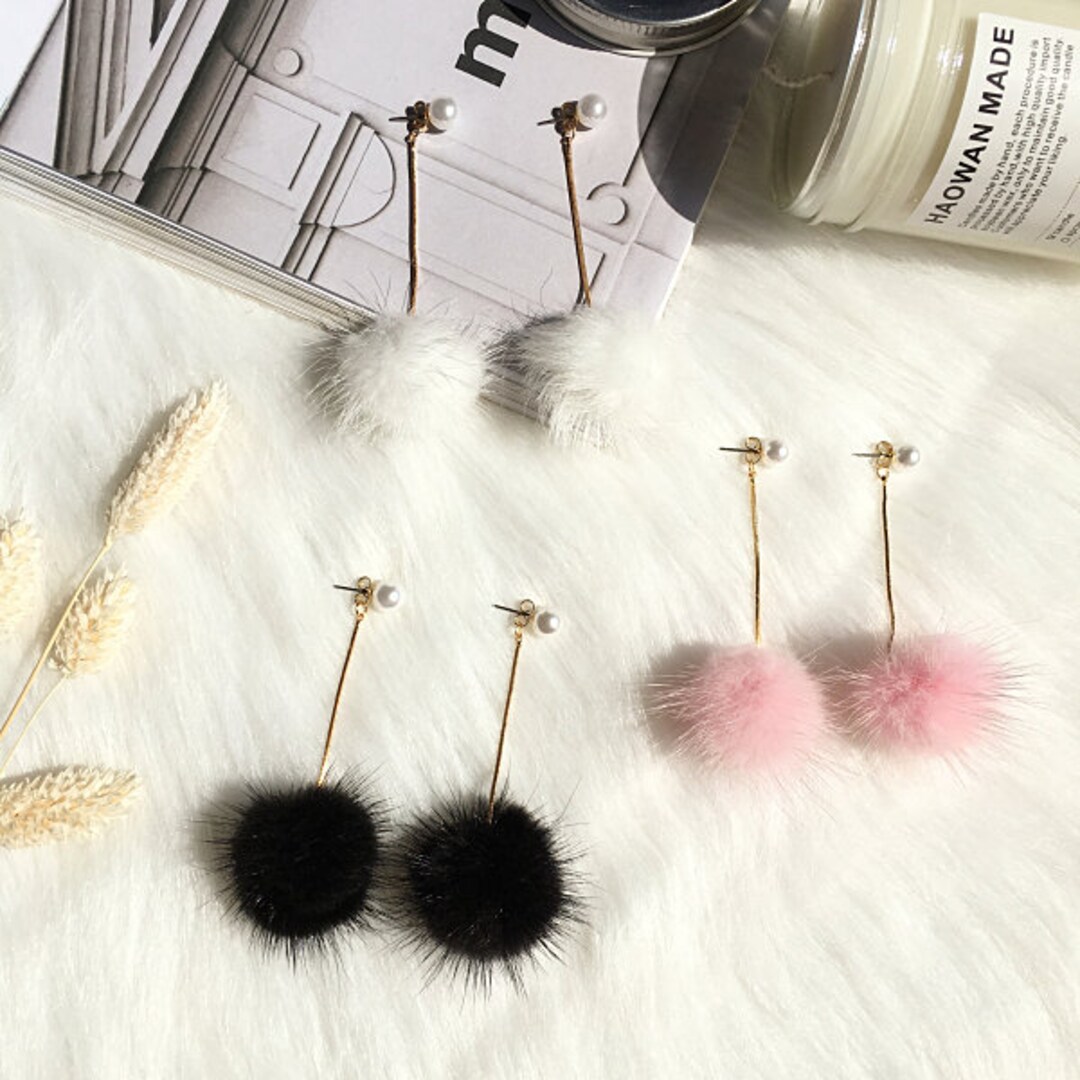 Cyber Sale Puffs Fur Ball Earrings Pom Poms Real Mink Fur Etsy