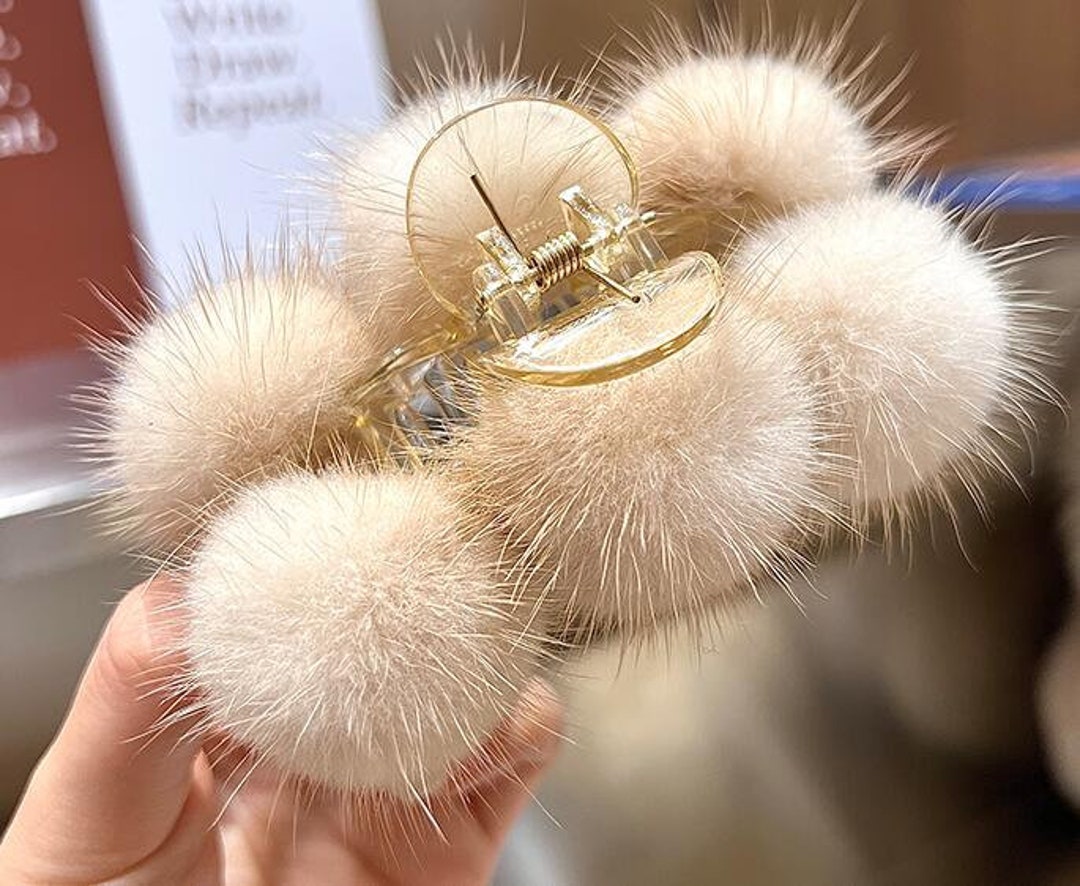 Large French Hair Claw Clips Pom Poms Puffs Ball Shark Clip Etsy