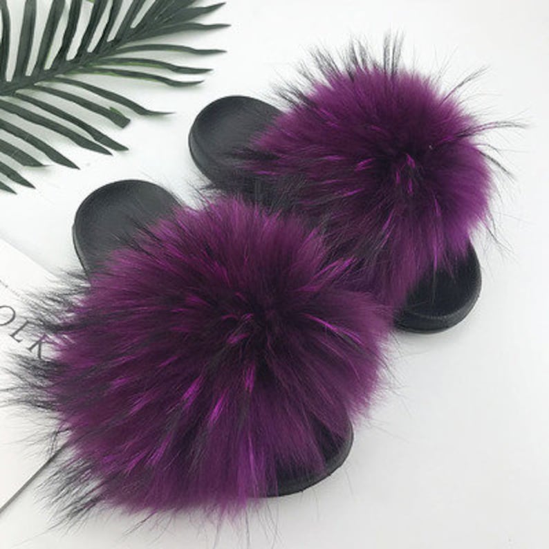 Fuzzy Slides Customize Girls real fur Slippers Instagram Hot image 0