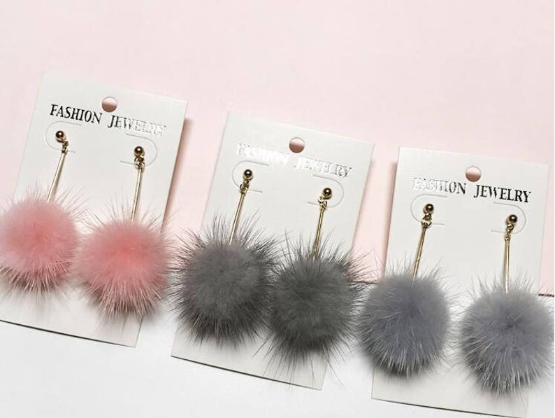 Puffs Ball Earrings White Pom Poms Real Mink Fur Women Fashion Etsy