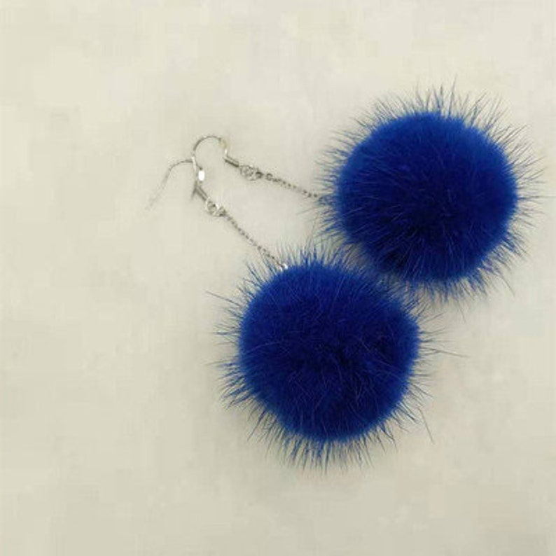 Royal Blue Puffs Fur Ball Earrings Pom Poms Real Mink Fur Etsy