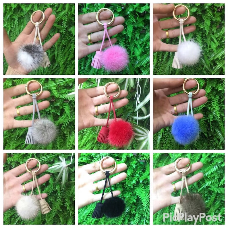 Pom poms Keychain Handbag Accessories puffs real mink hair fur Etsy
