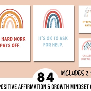 84 Printable Kids Affirmation Cards Growth Mindset | Boho Rainbow Affirmation Cards for Kids | Lunchbox Notes | Affirmation Cards for Kids