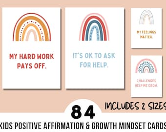 84 Tarjetas de afirmación para niños imprimibles Mentalidad de crecimiento / Tarjetas de afirmación Boho Rainbow para niños / Notas de lonchera / Tarjetas de afirmación para niños