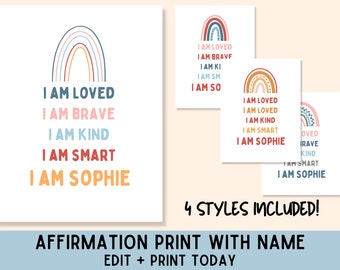 Afirmaciones para niños Impresión / Afirmaciones Boho Rainbow Imprimibles / Arte de pared imprimible / Arte de pared de sala de juegos / Descarga digital