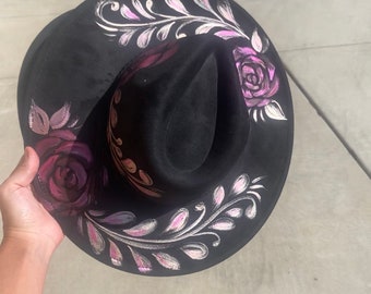 Handpainted and  BOHO Wide brim hat - black faux suede with silver details