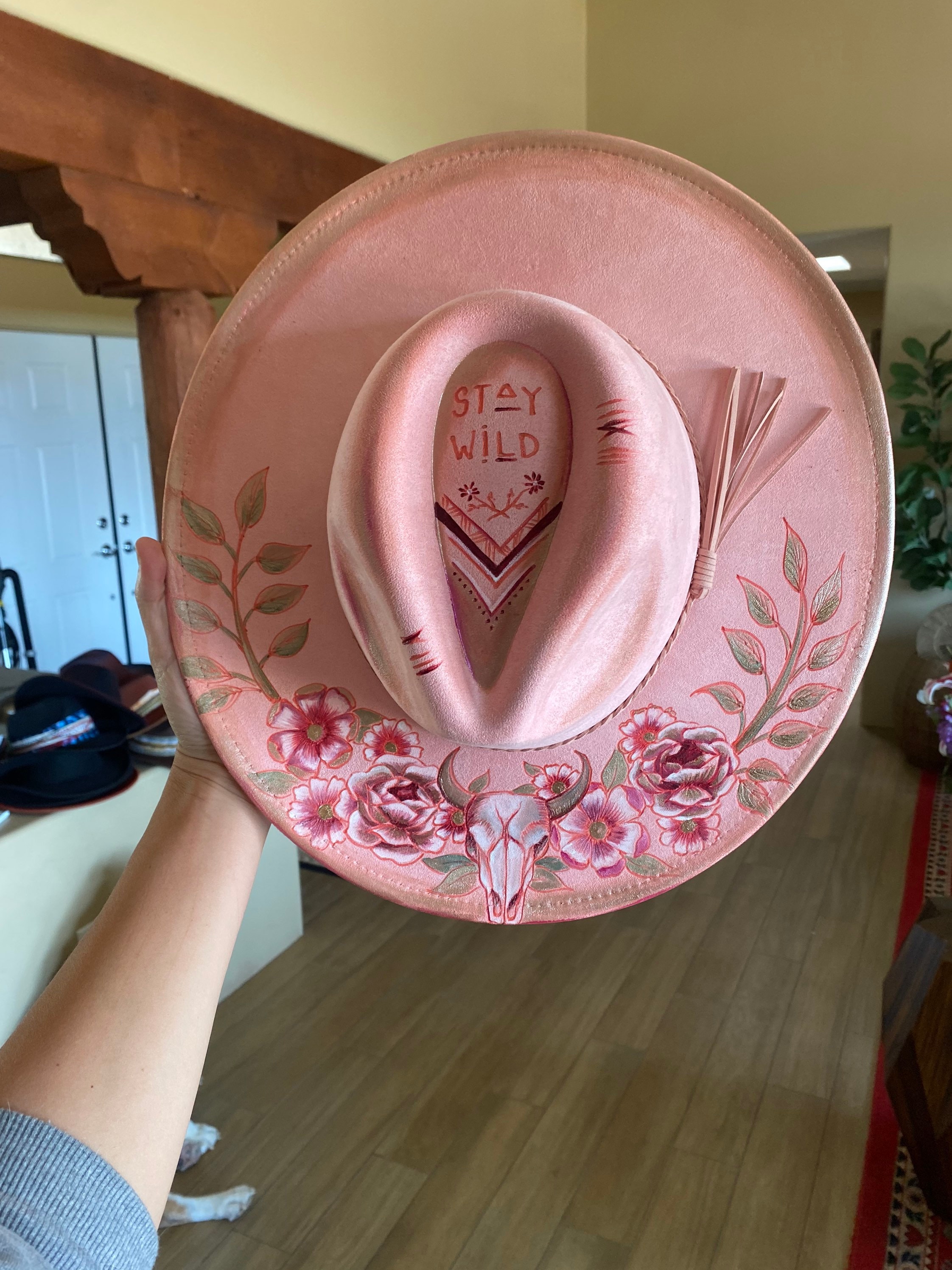 Handpainted and Woodburned BOHO Wide Brim Hat - Pink Faux  display picture 1