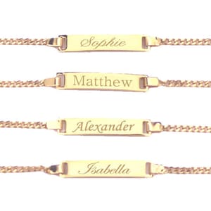 May include: Four gold chain bracelets with engraved nameplates. The names are Sophie, Matthew, Alexander, and Isabella.