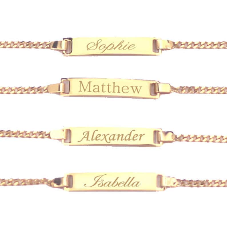 May include: Four gold chain bracelets with engraved nameplates. The names are Sophie, Matthew, Alexander, and Isabella.