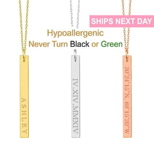 Dainty Vertical Gold Bar Necklace, Personalized Bar Necklace, Name Bar Necklace, Custom Name, Monogram, Initial,Bridesmaid Gift,Personalized