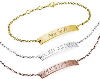 Bar Bracelet, Custom Coordinates, Latitude Longitude, Custom Name, Roman Numeral,Initial, Greek Letters, Morse Cord, Zodiac, Bridesmaid Gift