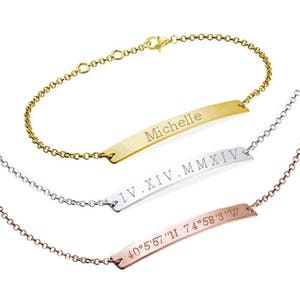 Skinny Bar Bracelet, Latitude Longitude, Custom Coordinates, Custom Name, Roman Numeral, Monogram, Initial, Greek Letters