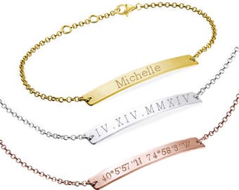 Skinny Bar Bracelet, Latitude Longitude, Custom Coordinates, Custom Name, Roman Numeral, Monogram, Initial, Greek Letters