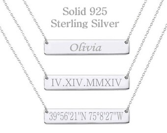 925 Sterling Silver Bar Necklace, Personalized Name Necklace,Coordinates,Roman Numeral,Initial,Greek Letters,Morse Code,Zodiac,Date Necklace